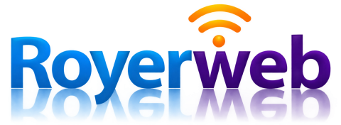 Logo Royerweb : mot Royerweb en bleu et violet surmonté d’un symbole sans fil orange